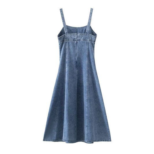 Women Clothing French Casual Pleated Washed Denim Dress Chic