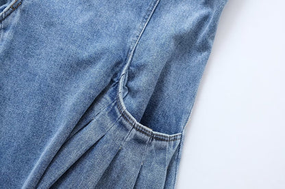 Women Clothing French Casual Pleated Washed Denim Dress Chic - Wanita Store