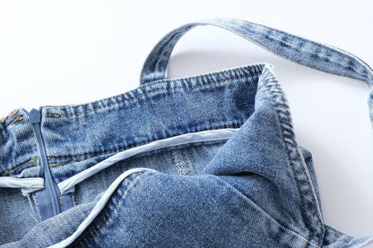 Women Clothing French Casual Pleated Washed Denim Dress Chic - Wanita Store