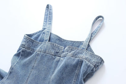 Women Clothing French Casual Pleated Washed Denim Dress Chic - Wanita Store