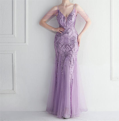 Beaded Bridal Wedding Dinner Long Camisole Evening Dress - Wanita Store