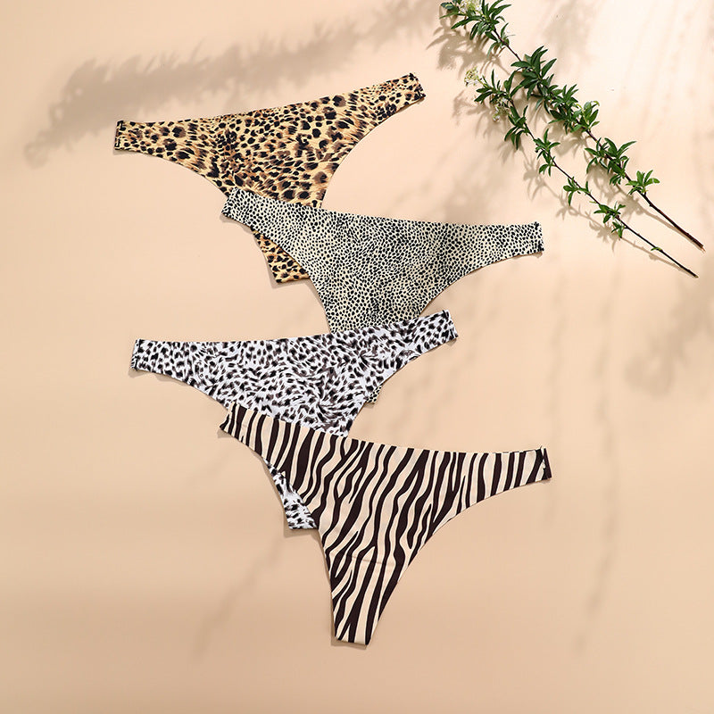 Leopard Print Seamless T Back Ladies Low Waist Sexy Breathable Sports Ice Silk Underwear Women Quick Drying