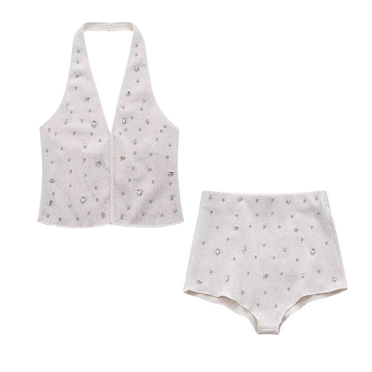 Spring Women Clothing Jewelry Inlaid Collar Top Shorts Suit - Wanita Store