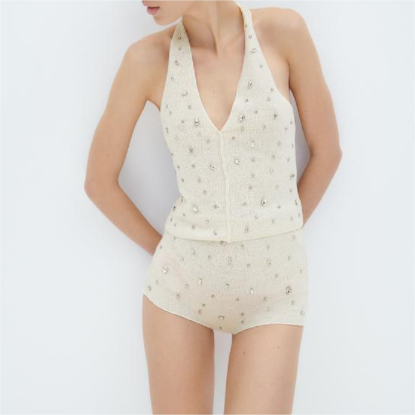 Spring Women Clothing Jewelry Inlaid Collar Top Shorts Suit - Wanita Store