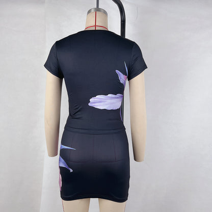 Women Clothing Summer Short Sleeved Printed Hip Skirt Set Women High Grade Suit Two Piece Skirt - Wanita Store