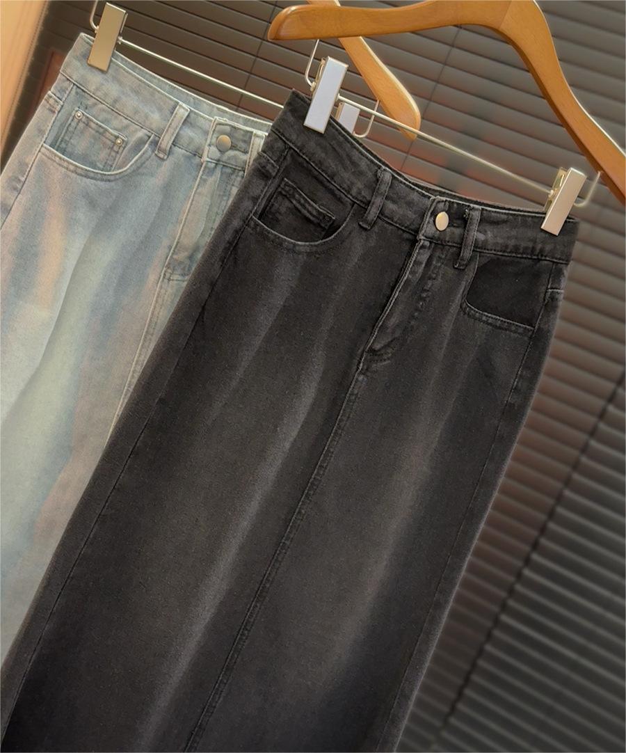 Retro Fishtail Frayed Denim Skirt Women Mid Length Spring Summer Half Length Skirt A Line Slimming Hip Skirt