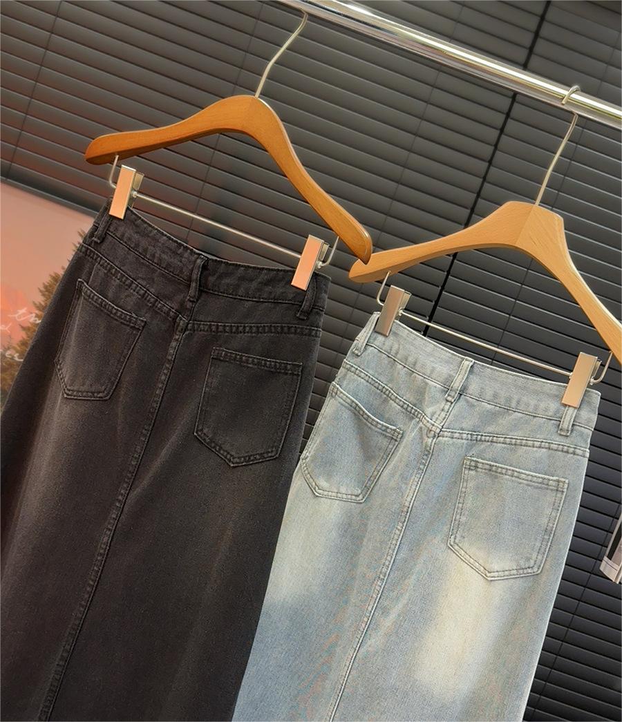 Retro Fishtail Frayed Denim Skirt Women Mid Length Spring Summer Half Length Skirt A Line Slimming Hip Skirt