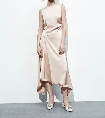 Women Clothing French Solid Color Pleated Round Neck Sleeveless Casual Maxi Dress - Wanita Store