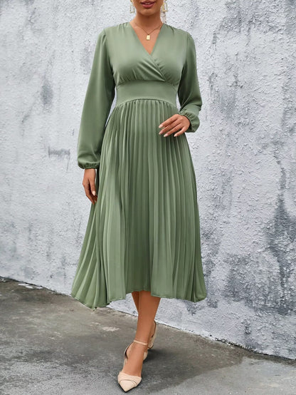 Spring Women Clothing Army Green Long Sleeve Pleated Dress - Wanita Store