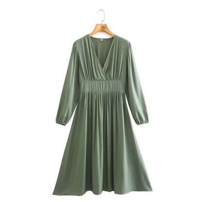 Spring Women Clothing Army Green Long Sleeve Pleated Dress - Wanita Store