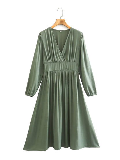 Spring Women Clothing Army Green Long Sleeve Pleated Dress - Wanita Store