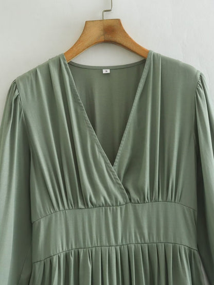 Spring Women Clothing Army Green Long Sleeve Pleated Dress - Wanita Store