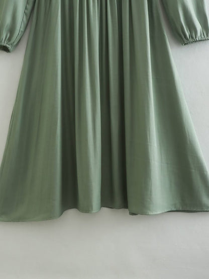 Spring Women Clothing Army Green Long Sleeve Pleated Dress - Wanita Store