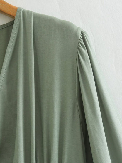 Spring Women Clothing Army Green Long Sleeve Pleated Dress - Wanita Store