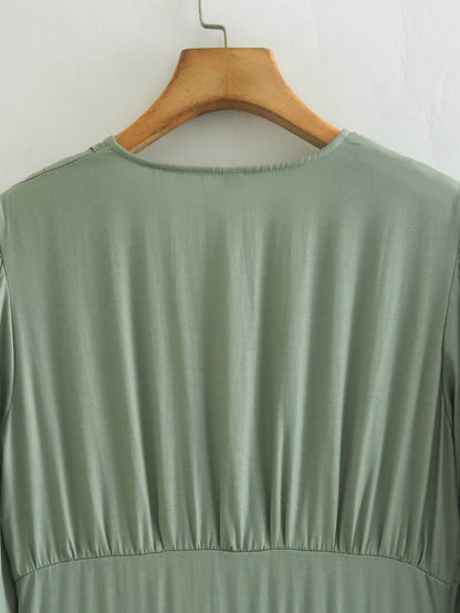 Spring Women Clothing Army Green Long Sleeve Pleated Dress - Wanita Store