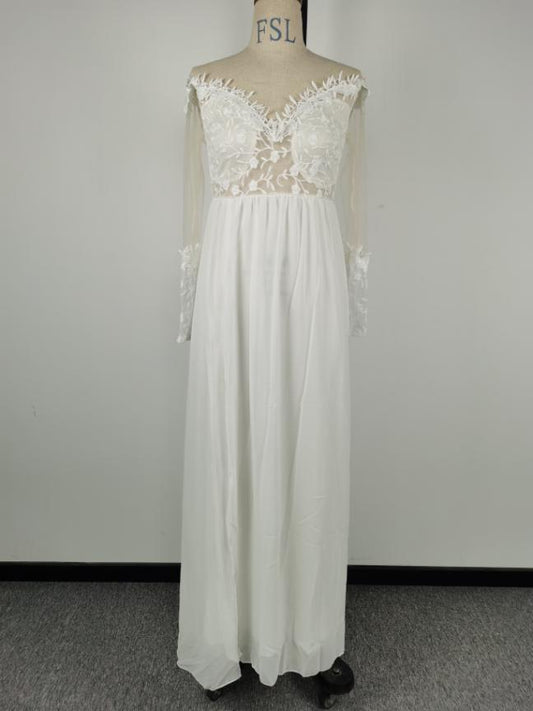 Women Clothing Long Sleeve See Through Lace Wedding Dress Bridesmaid Dress Split Dress