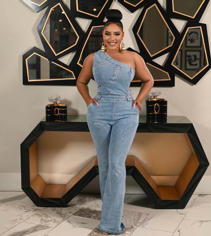 Oblique Shoulder Tight Waist Slim Elastic Wash Denim Jumpsuit Jumpsuit Bell Bottom Pants - Wanita Store