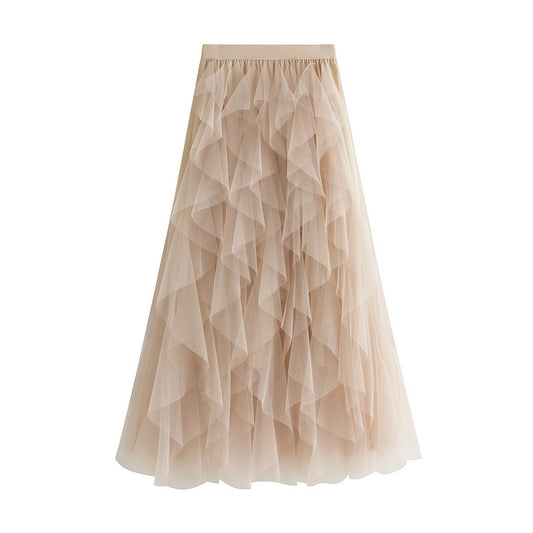 Autumn Winter Korean Elastic Waistband Fashionable All Matching Slimming Mesh Stitching Irregular Asymmetric Mid Length High Waist Skirt