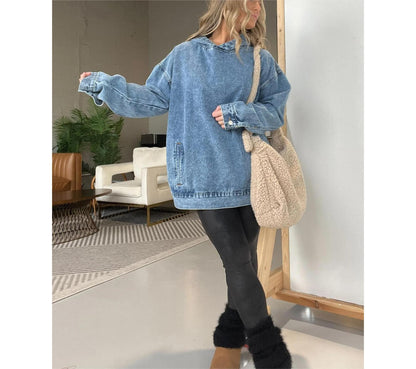 Women Clothing Loose Hooded Pullover Denim Hoodie - Wanita Store