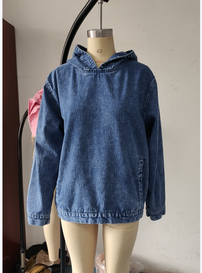 Women Clothing Loose Hooded Pullover Denim Hoodie - Wanita Store