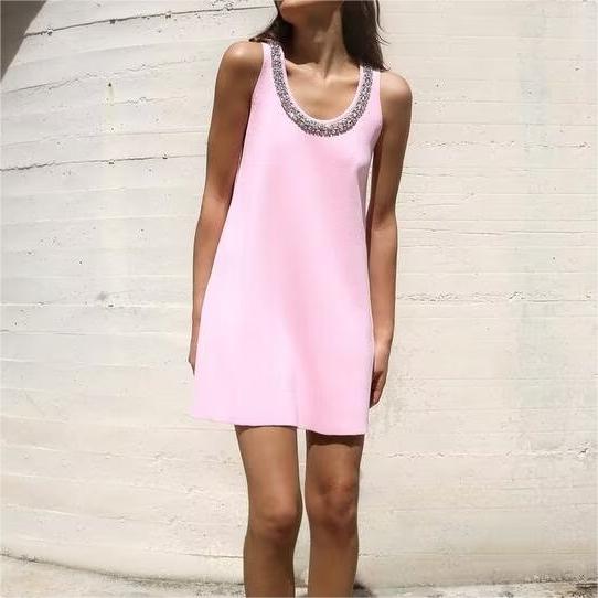 Women Clothing Summer Jewelry Inlay Plain Stitch Mini Dress - Wanita Store