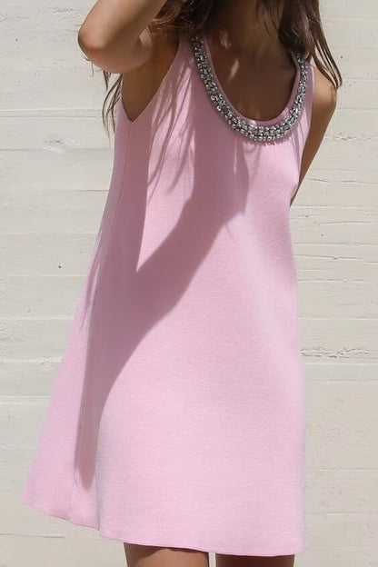 Women Clothing Summer Jewelry Inlay Plain Stitch Mini Dress - Wanita Store