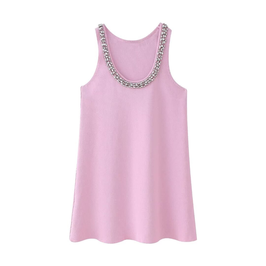 Women Clothing Summer Jewelry Inlay Plain Stitch Mini Dress - Wanita Store