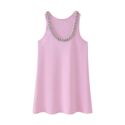 Women Clothing Summer Jewelry Inlay Plain Stitch Mini Dress - Wanita Store