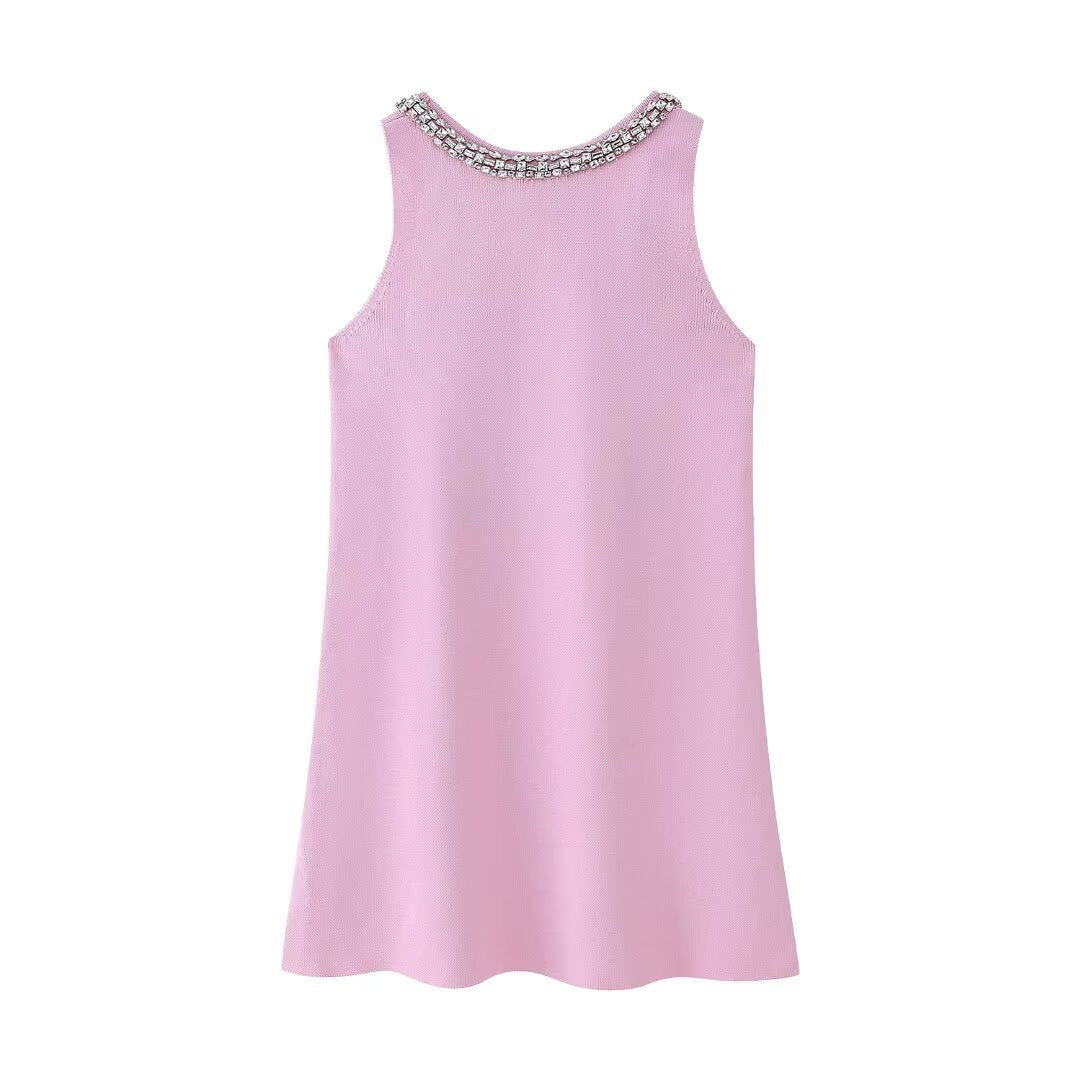 Women Clothing Summer Jewelry Inlay Plain Stitch Mini Dress - Wanita Store