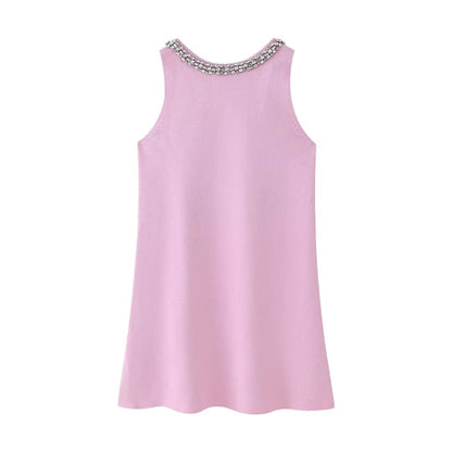 Women Clothing Summer Jewelry Inlay Plain Stitch Mini Dress - Wanita Store
