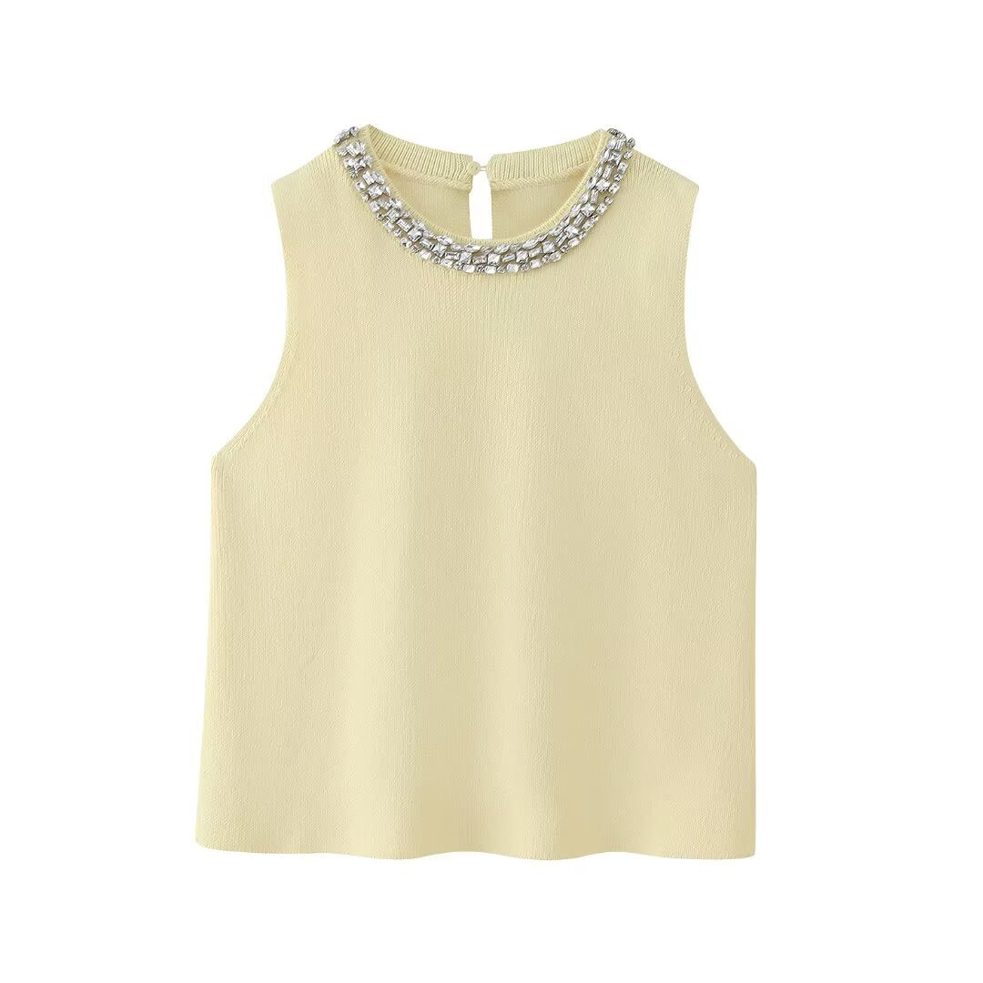 Summer Women Clothing Casual All Match Jewelry Inlaid Plain Stitch Top - Wanita Store
