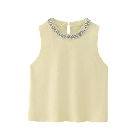 Summer Women Clothing Casual All Match Jewelry Inlaid Plain Stitch Top - Wanita Store