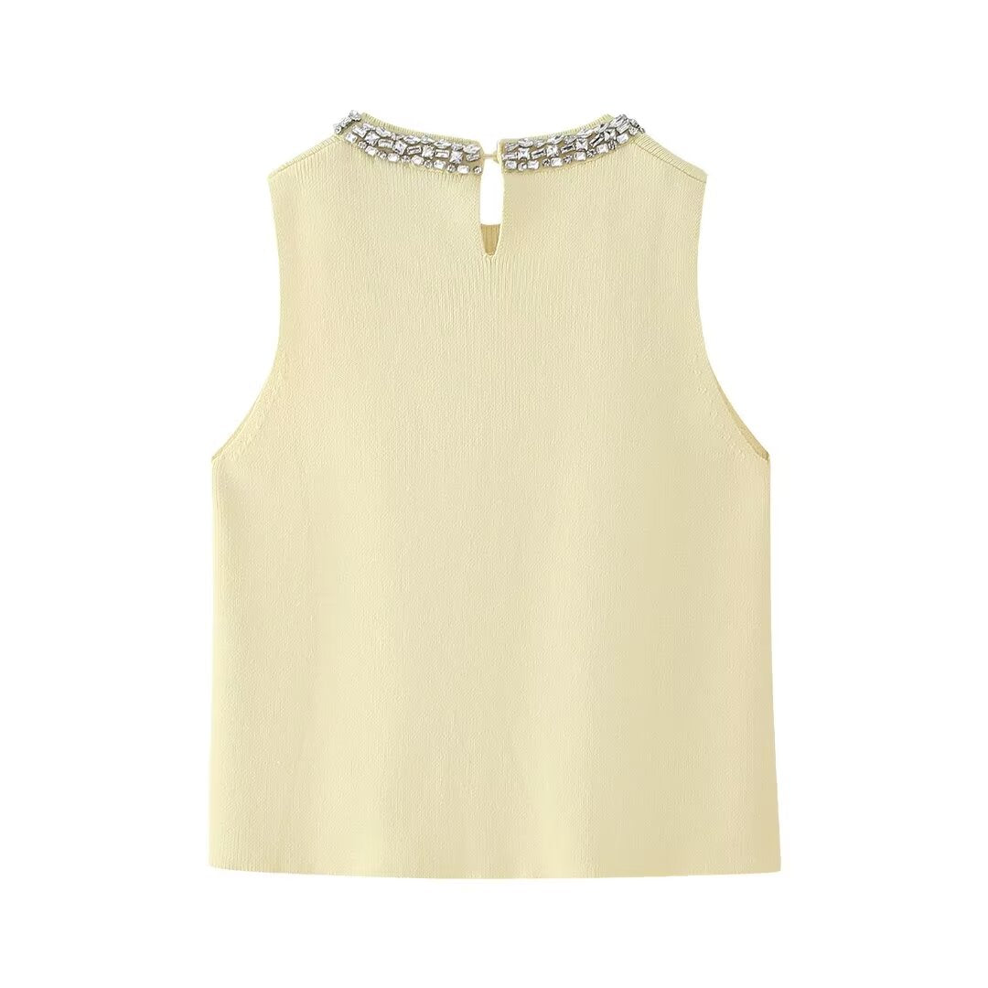 Summer Women Clothing Casual All Match Jewelry Inlaid Plain Stitch Top - Wanita Store