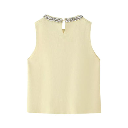 Summer Women Clothing Casual All Match Jewelry Inlaid Plain Stitch Top - Wanita Store