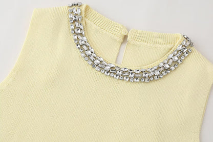 Summer Women Clothing Casual All Match Jewelry Inlaid Plain Stitch Top - Wanita Store