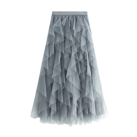 Autumn Winter Korean Elastic Waistband Fashionable All Matching Slimming Mesh Stitching Irregular Asymmetric Mid Length High Waist Skirt