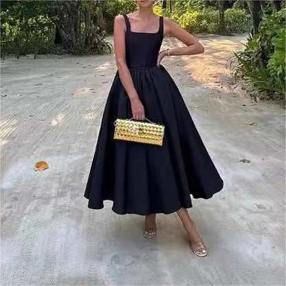 Women Solid Color Frill Strap Slim Fit Patchwork Casual Sling Dress - Wanita Store