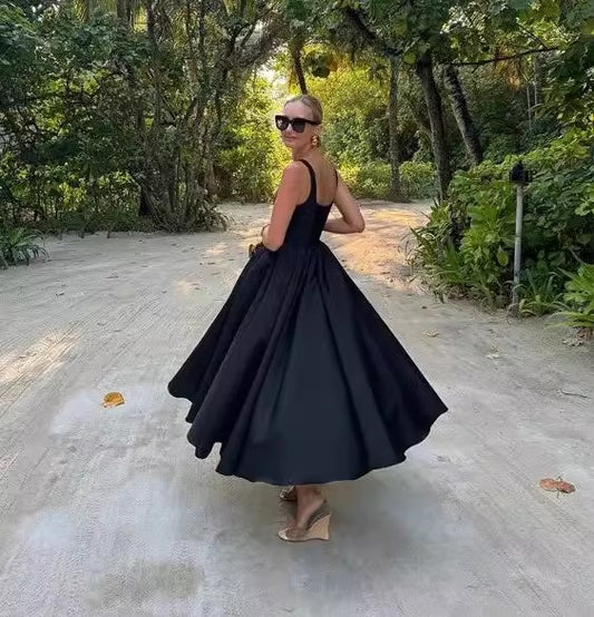 Women Solid Color Frill Strap Slim Fit Patchwork Casual Sling Dress