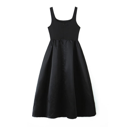 Women Solid Color Frill Strap Slim Fit Patchwork Casual Sling Dress - Wanita Store