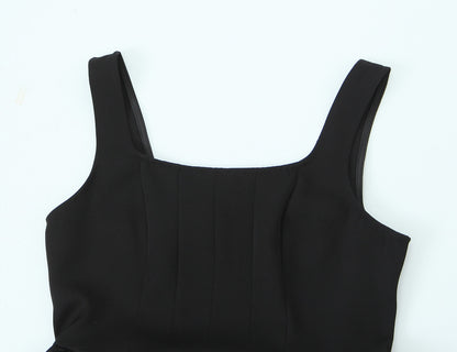 Women Solid Color Frill Strap Slim Fit Patchwork Casual Sling Dress - Wanita Store