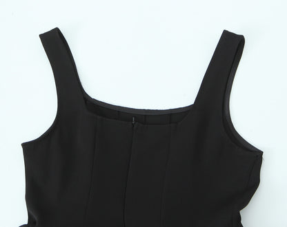 Women Solid Color Frill Strap Slim Fit Patchwork Casual Sling Dress - Wanita Store