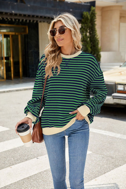 Autumn Winter Striped Round Neck Contrast Color Loose Long Sleeve Sweatershirt Coat Women - Wanita Store