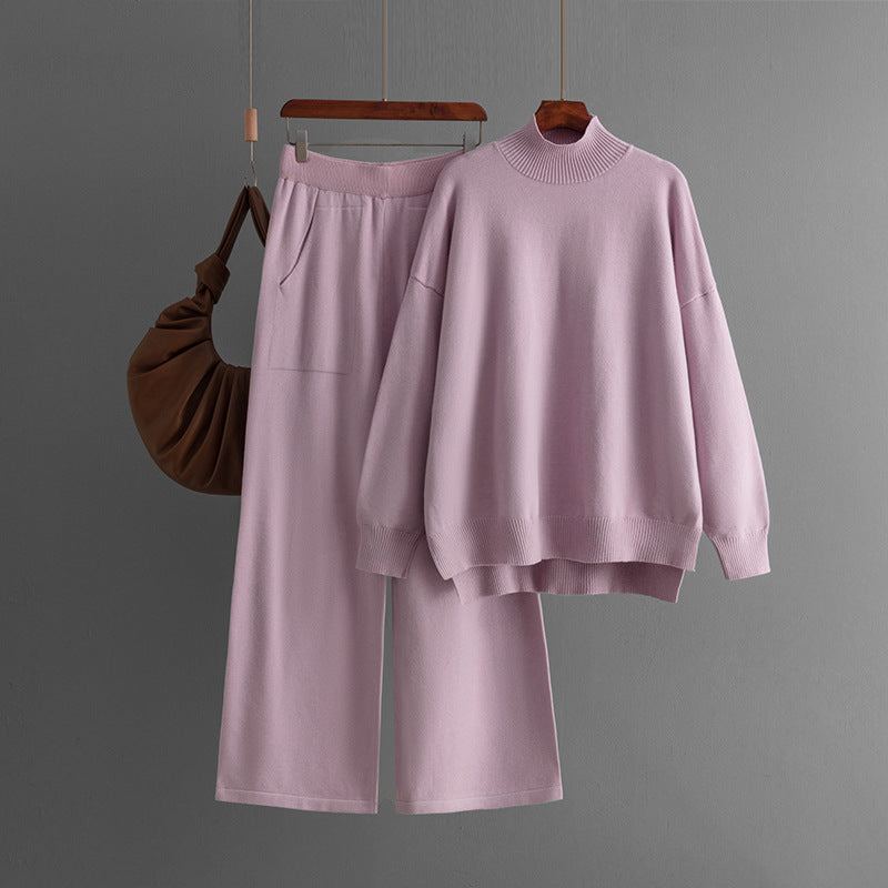 Solid Color Knitted Half Turtleneck Slit Sweater Women Fall Winter Casual Two Piece Sweater