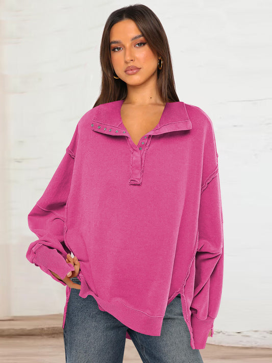 Decorative Moulding Design Blouse Split Lantern Sleeve Polo Collar Sweatshirt Coat for Women Spring Autumn