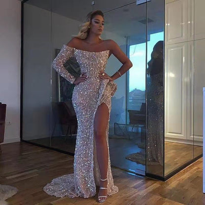 Spring Summer Women Clothing Dress Sexy off the Shoulder Mop Sequined Cocktail Evening Dress - Wanita Store