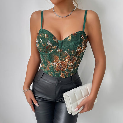 Sexy Women Clothing Embroidered Floral Slim Chest Support Boning Corset Steel Ring Sleeveless Jumpsuit - Wanita Store
