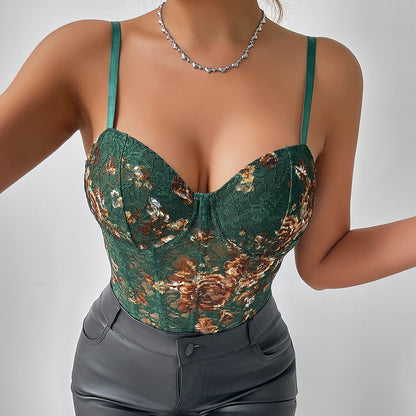 Sexy Women Clothing Embroidered Floral Slim Chest Support Boning Corset Steel Ring Sleeveless Jumpsuit - Wanita Store