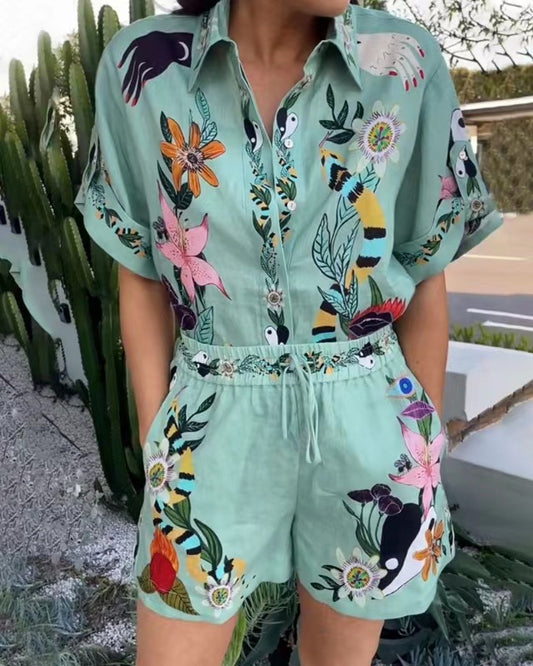 Casual Two Piece Suit Cotton Linen Printed Shirt Shorts Amplified craft