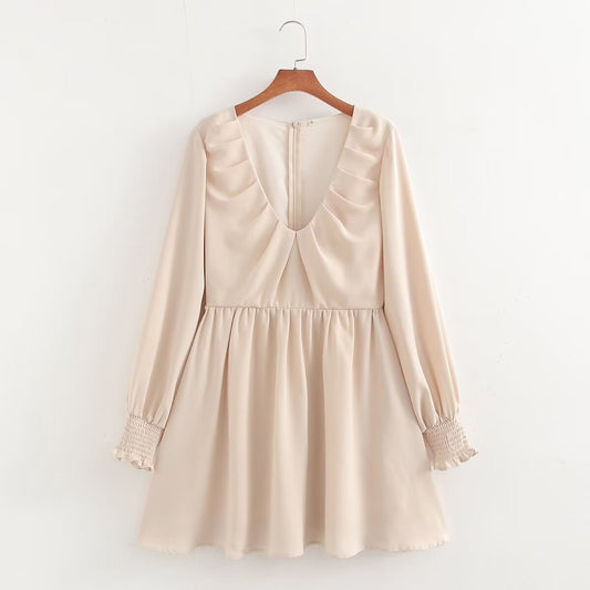Summer Women Clothing Simple Sweet Cinched Slimming Pleated Lantern Dress