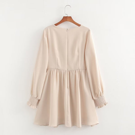 Summer Women Clothing Simple Sweet Cinched Slimming Pleated Lantern Dress